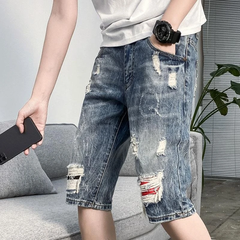 Jeans Pants Fashion Men - Half Ripped Baggy Loose Straight Male