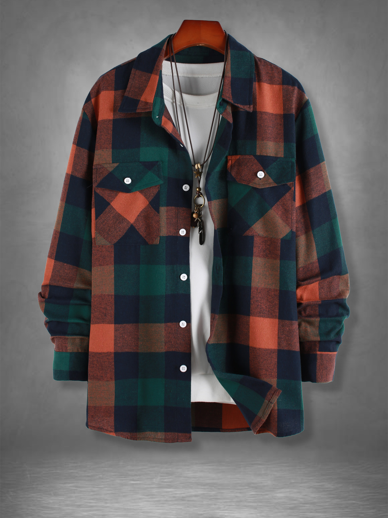 Mens Fashion Vintage - Men's Retro Orange Green Plaid Flannel
