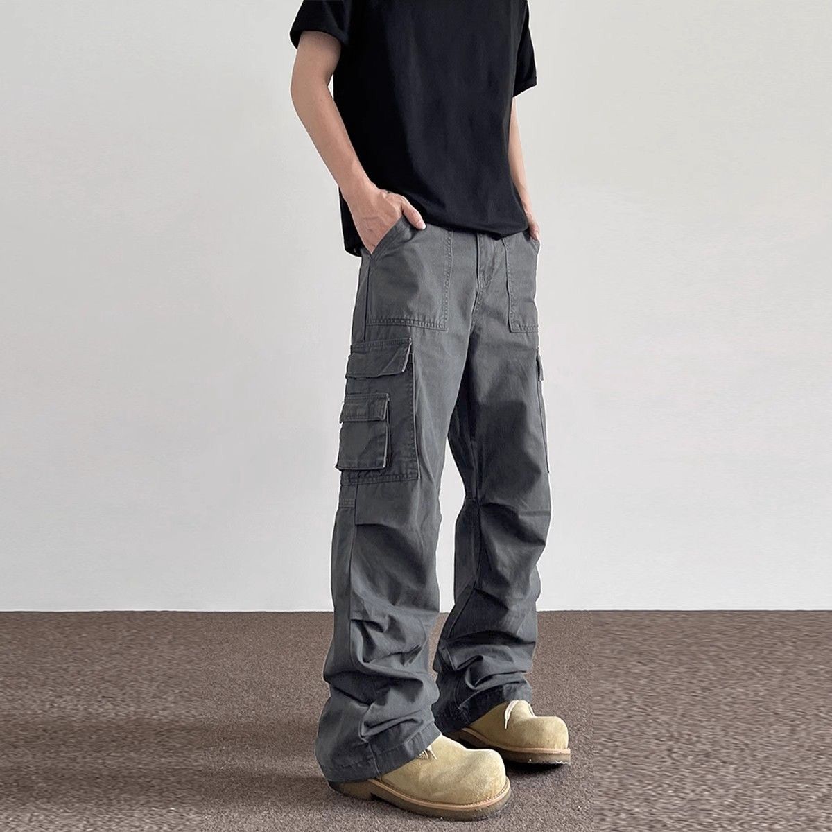 Men Fashion Korean Style - Solid Color Multipockets Baggy Men's Straight