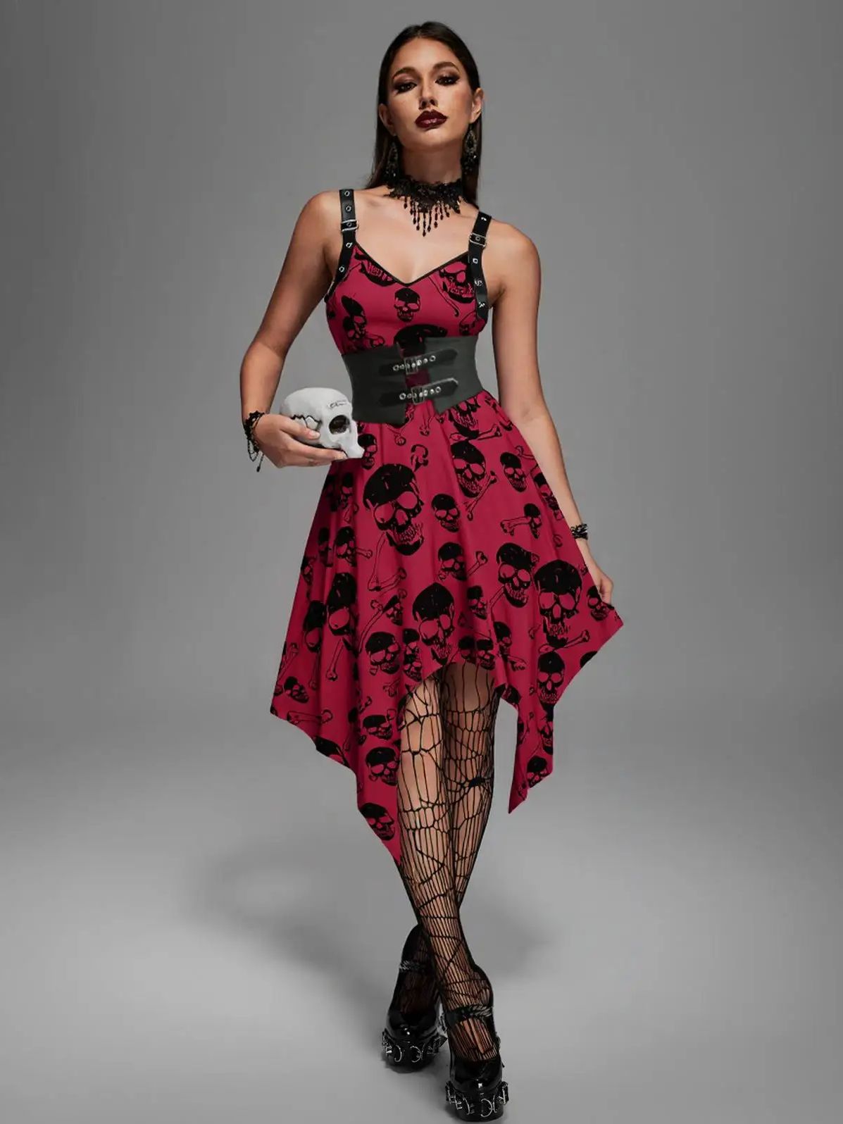 Leather Belt Braided - ROSEGAL Gothic Skull Bone Printed Dress