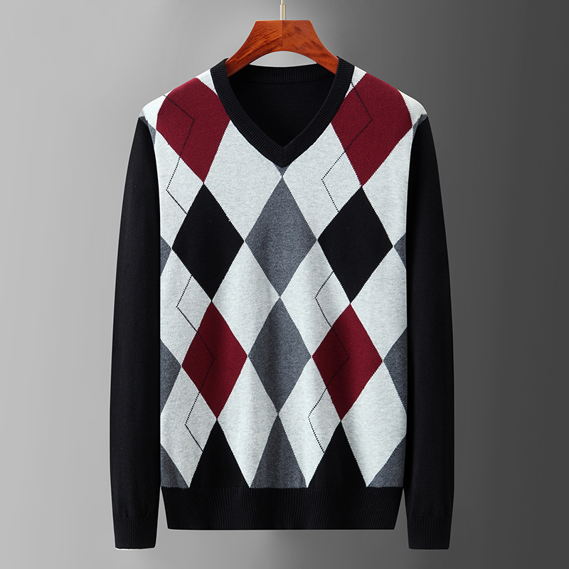 Argyle Plaid Pull Sweater Male - Men'S Fashion V Neck Sweater reseña y precio